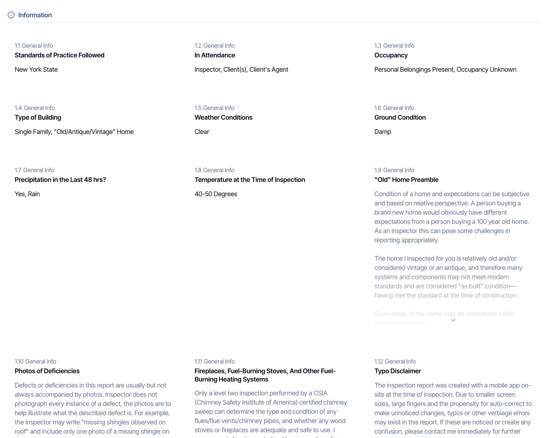 Information comments in three even columns, with long text cut off behind a Read more fade