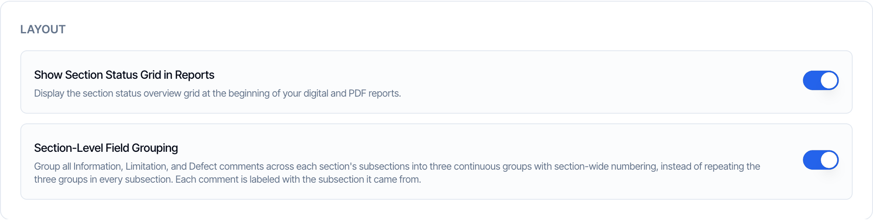 The Layout group with Show Section Status Grid in Reports turned on and Section-Level Field Grouping turned on