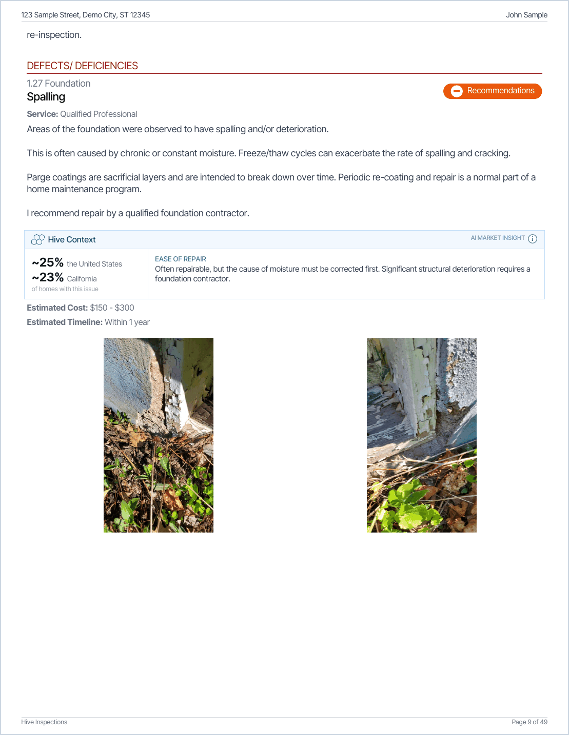 A PDF page with larger defect photos two across, filling the page width