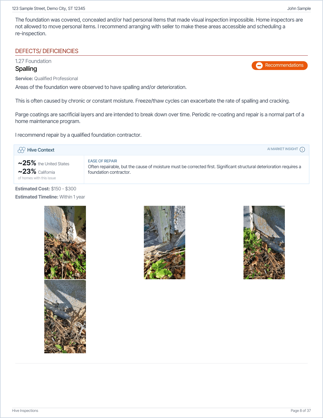 A PDF page with defect photos three across