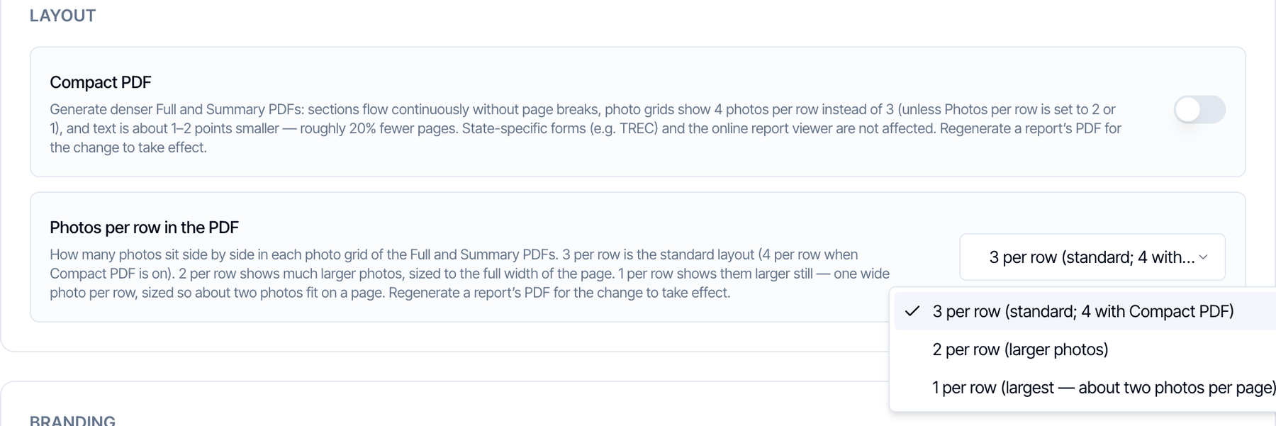 The Photos per row in the PDF dropdown open, with 3 per row (standard; 4 with Compact PDF), 2 per row (larger photos) and 1 per row (largest, about two photos per page)
