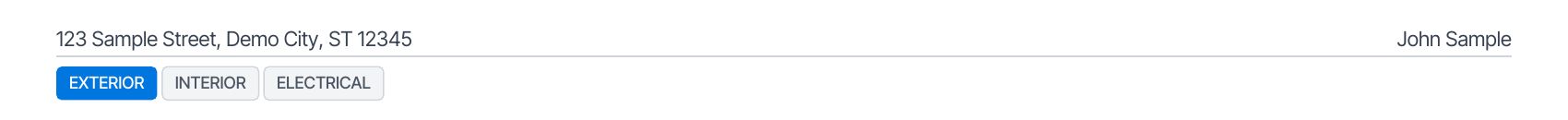 The top of a PDF page under the address header, with a row of section tabs, EXTERIOR, INTERIOR and ELECTRICAL, where the current section's tab is filled blue