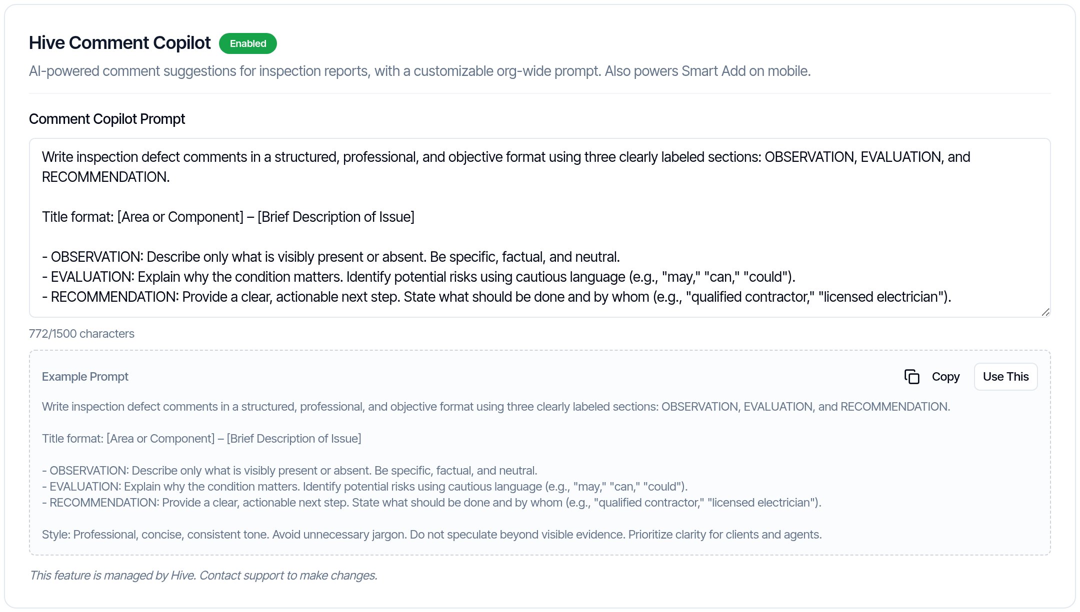 The Hive Comment Copilot card under Business Tools, Hive AI, showing the Comment Copilot Prompt box, a 772/1500 character count and the Example Prompt with Copy and Use This buttons