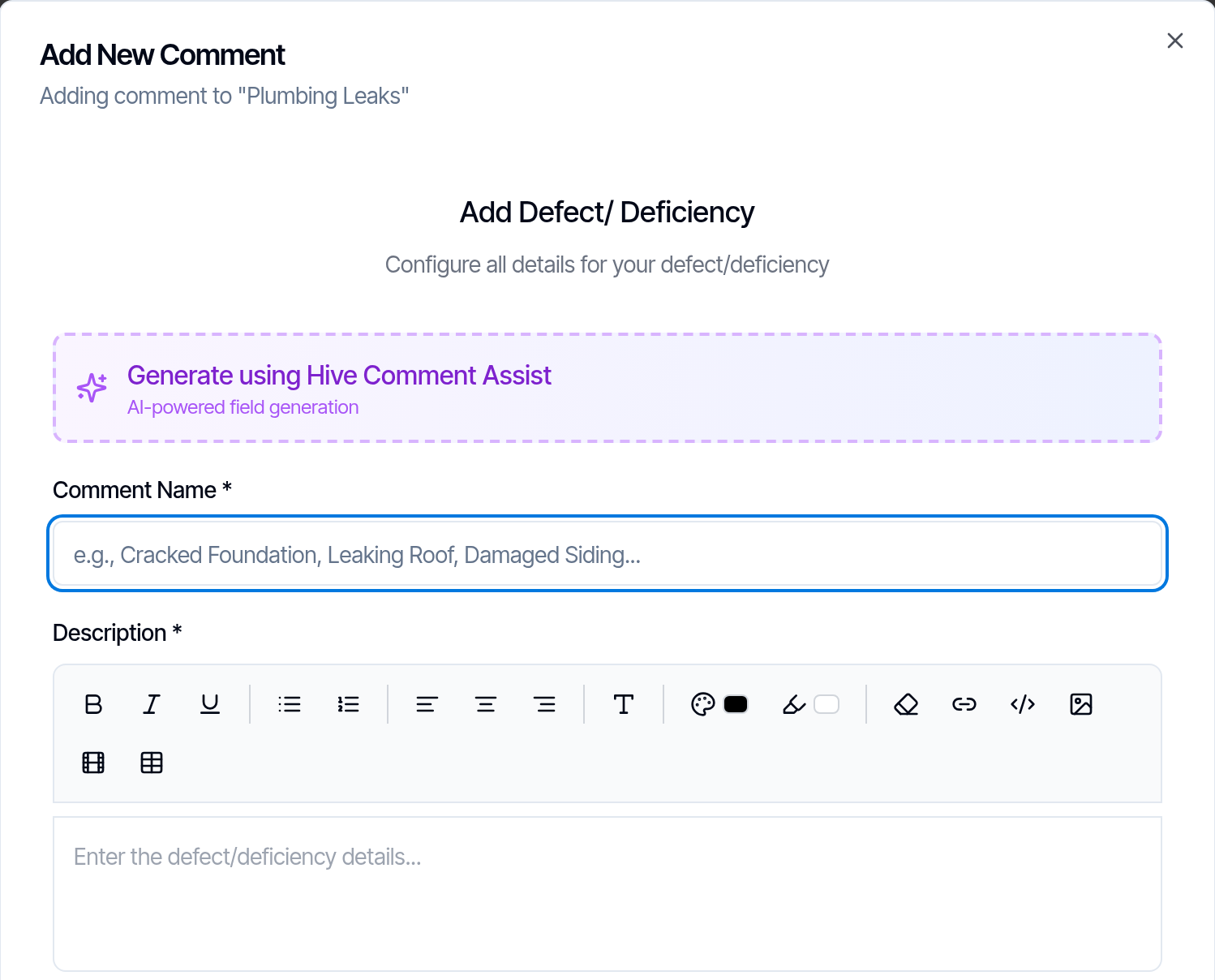 The Add New Comment dialog in the Hive Inspect Web Editor for the Plumbing Leaks subsection, with the Generate using Hive Comment Assist button above the empty Comment Name and Description fields