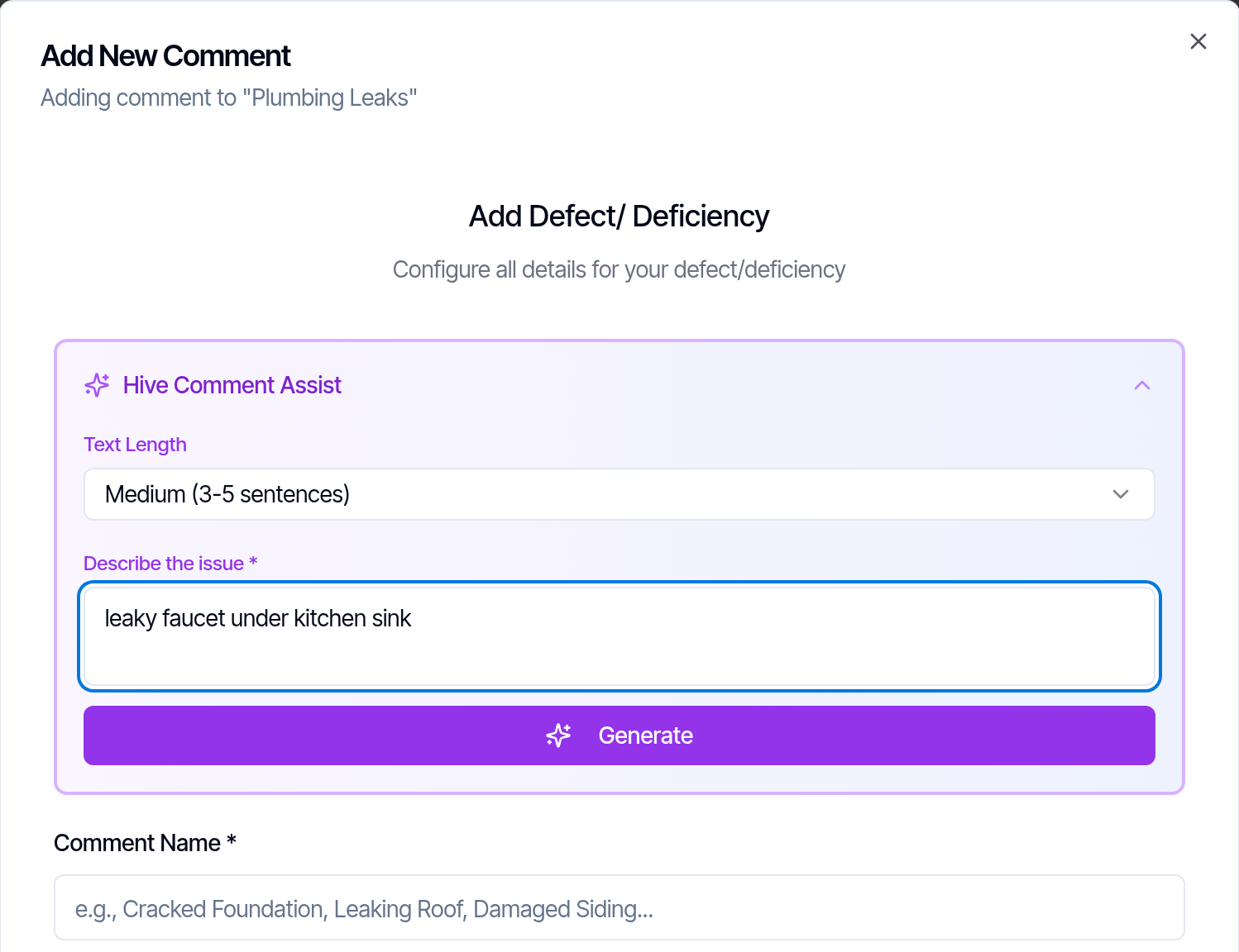 The Hive Comment Assist panel with Text Length set to Medium (3-5 sentences), 'leaky faucet under kitchen sink' typed in Describe the issue, and the purple Generate button