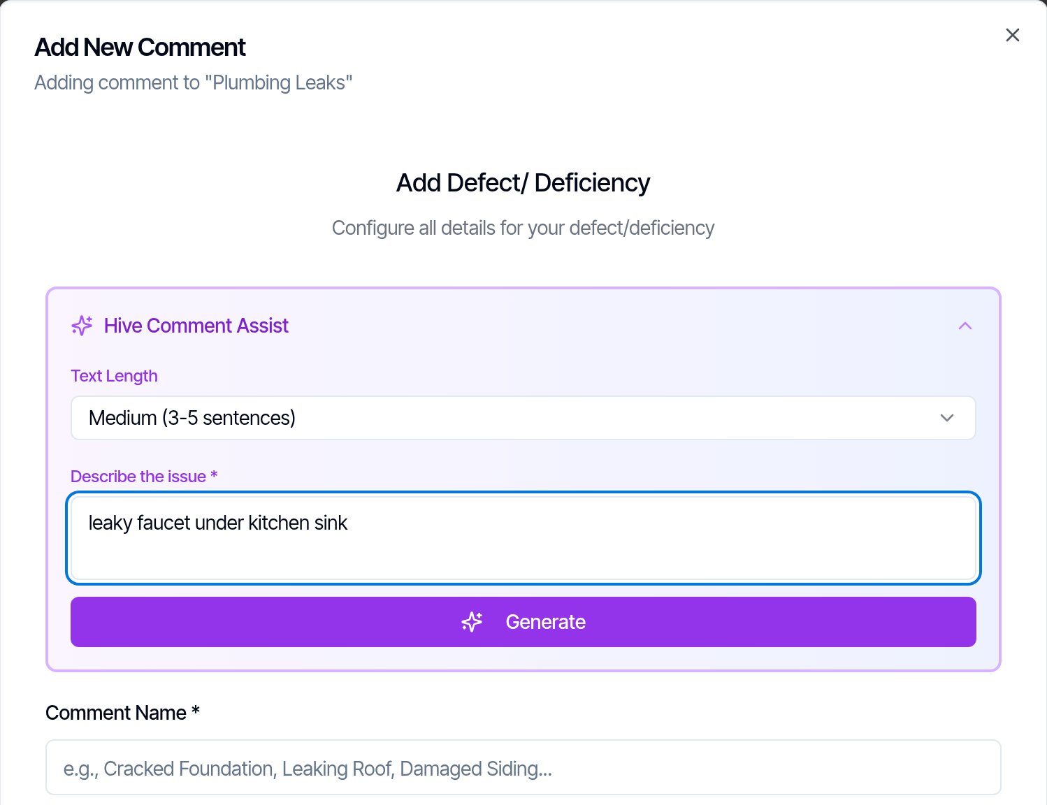 The Hive Comment Assist panel with Text Length set to Medium (3-5 sentences), 'leaky faucet under kitchen sink' typed in Describe the issue, and the purple Generate button