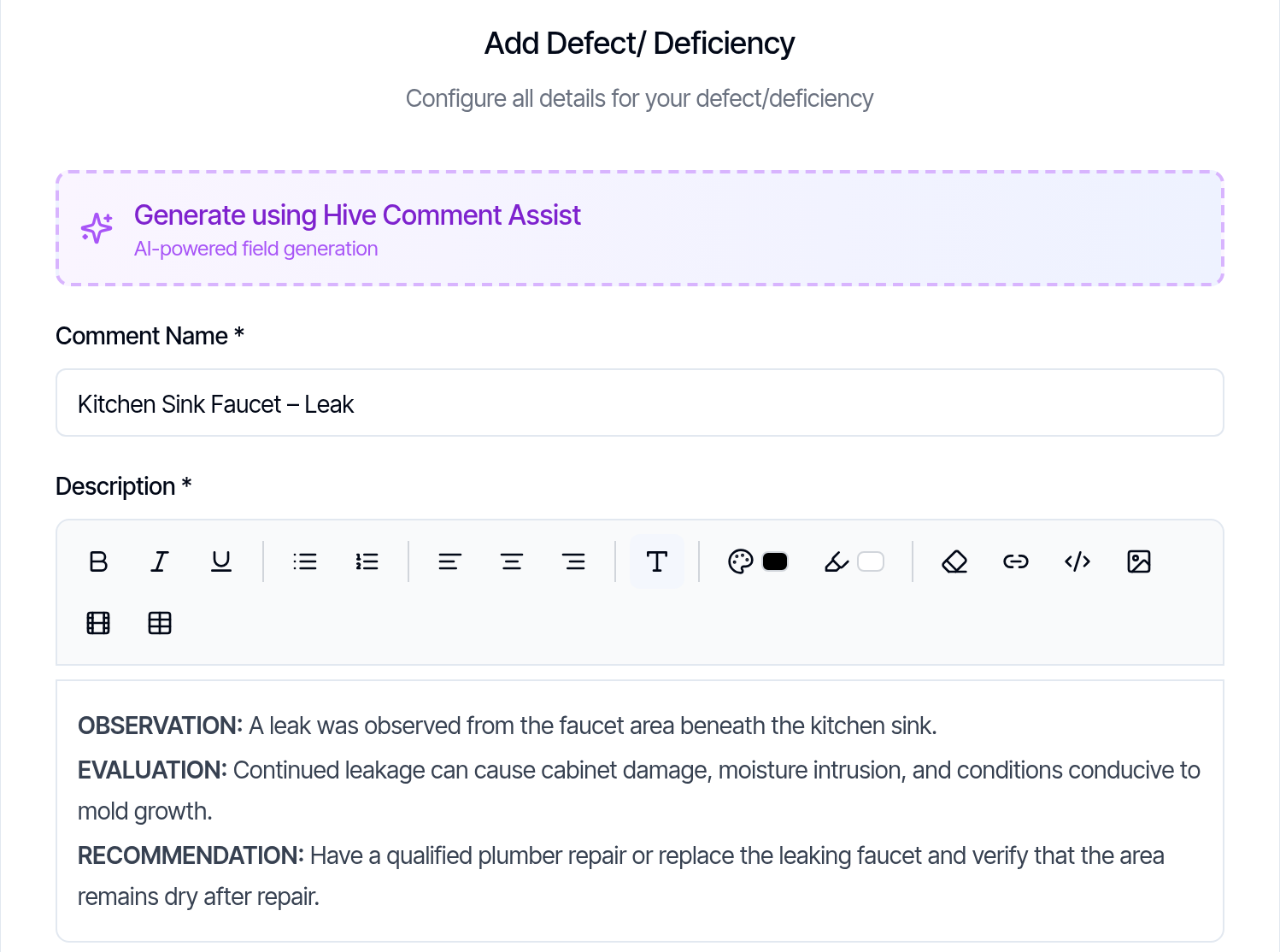 The Add Defect/ Deficiency form after generating: Comment Name 'Kitchen Sink Faucet – Leak' and a description with OBSERVATION, EVALUATION and RECOMMENDATION sections