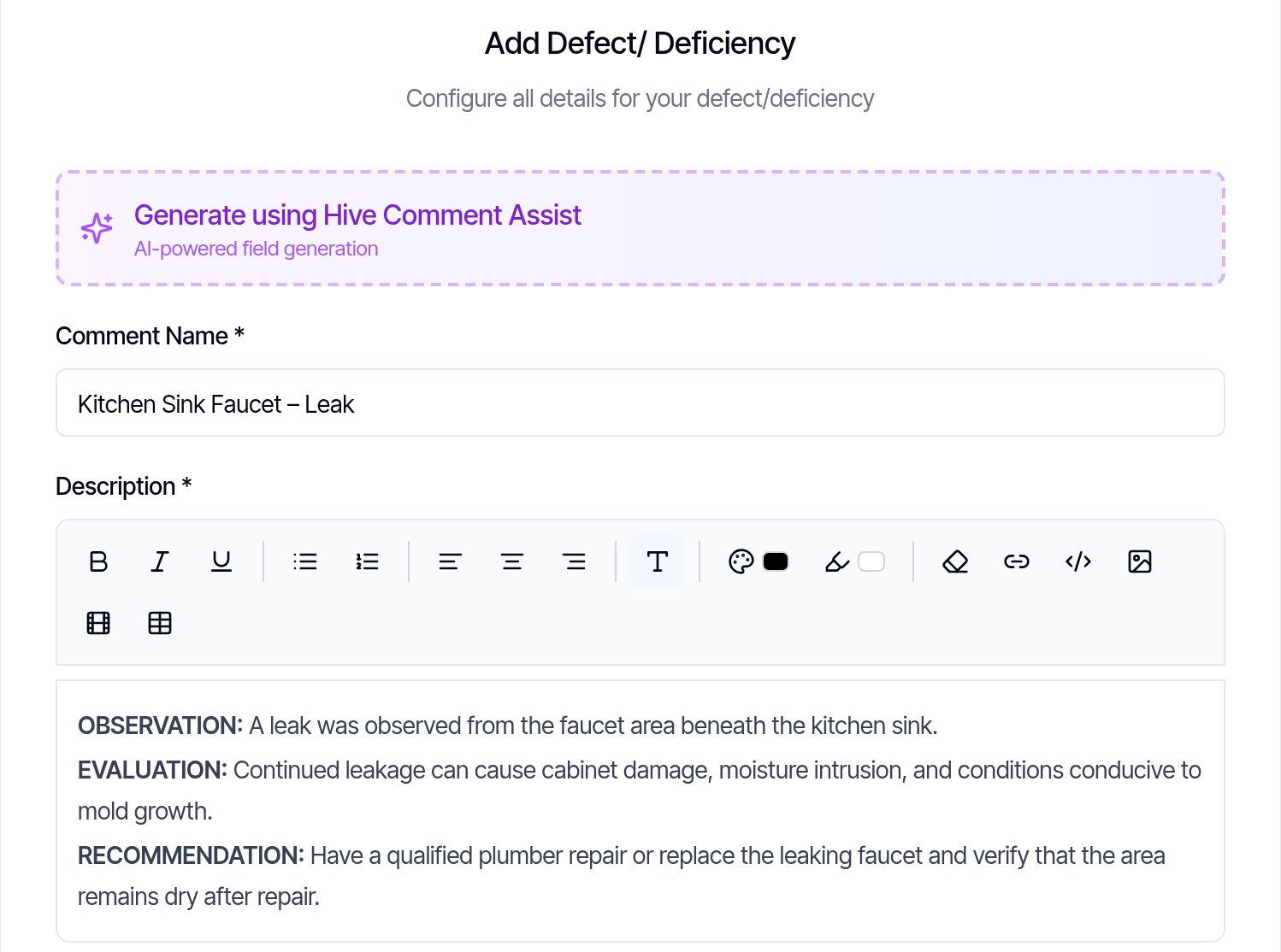 The Add Defect/ Deficiency form after generating: Comment Name 'Kitchen Sink Faucet – Leak' and a description with OBSERVATION, EVALUATION and RECOMMENDATION sections
