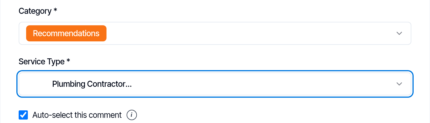 The Category set to Recommendations and the Service Type set to Plumbing Contractor in the Add New Comment dialog