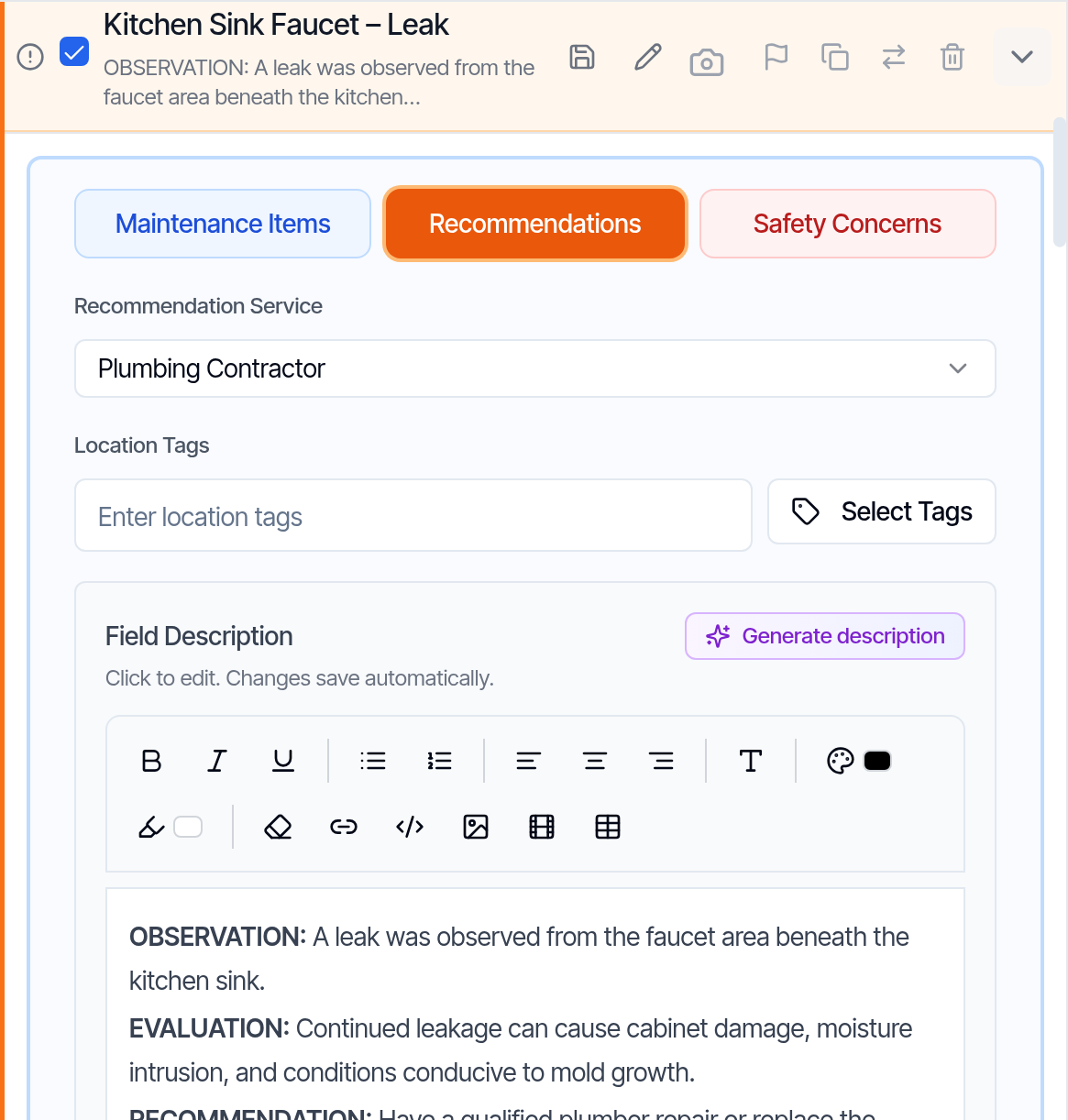 An expanded defect comment in the Web Editor with the category, Recommendation Service, Location Tags and the Field Description box with the Generate description button