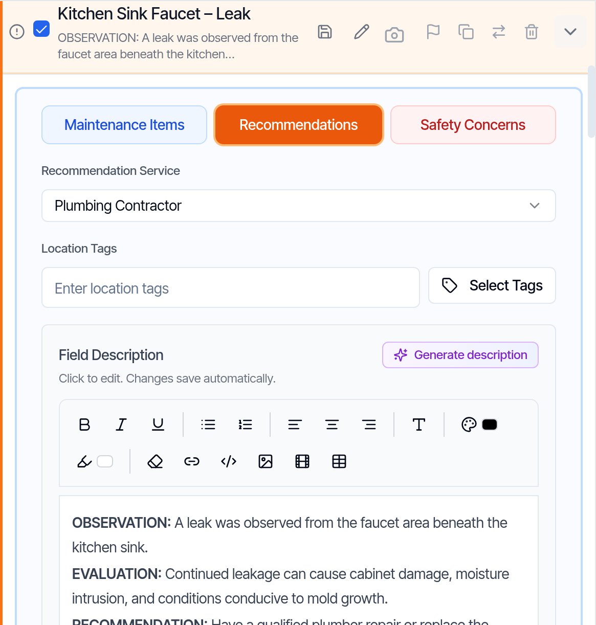 An expanded defect comment in the Web Editor with the category, Recommendation Service, Location Tags and the Field Description box with the Generate description button