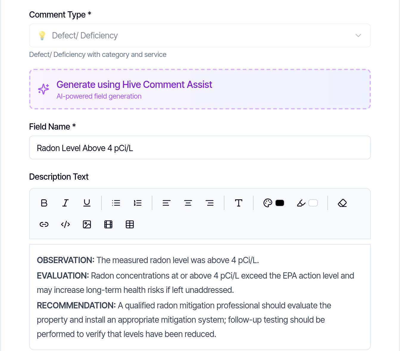 The Configure Comment Details dialog in the Hive template editor with Comment Type Defect/ Deficiency, the Generate using Hive Comment Assist button, a generated Field Name 'Radon Level Above 4 pCi/L' and its description