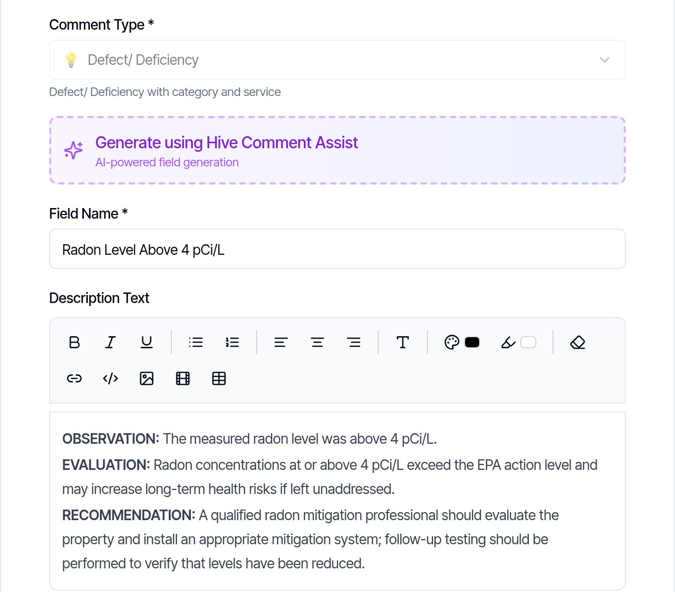 The Configure Comment Details dialog in the Hive template editor with Comment Type Defect/ Deficiency, the Generate using Hive Comment Assist button, a generated Field Name 'Radon Level Above 4 pCi/L' and its description