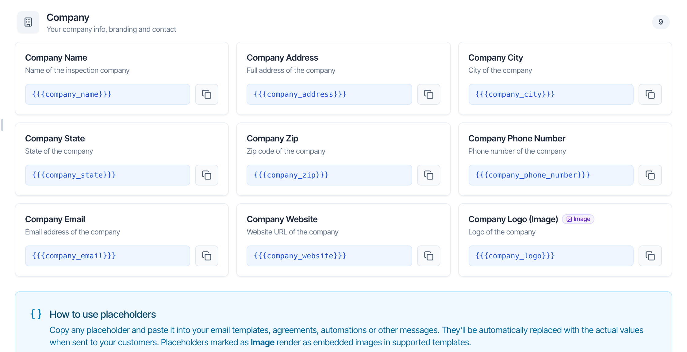 The Company category: Company Name, Company Address, Company City, Company State, Company Zip, Company Phone Number, Company Email, Company Website and Company Logo (Image) with a purple Image badge, each with its placeholder and copy button. Below, the blue How to use placeholders box