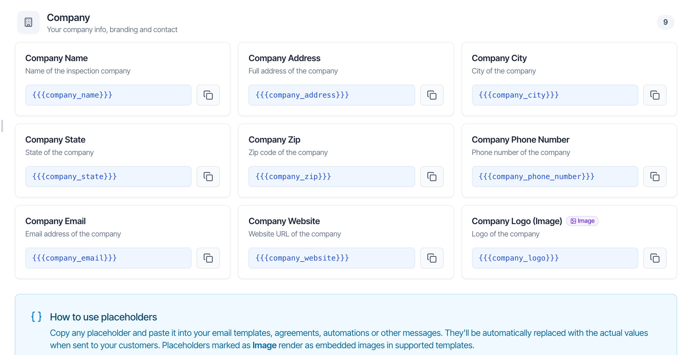 The Company category: Company Name, Company Address, Company City, Company State, Company Zip, Company Phone Number, Company Email, Company Website and Company Logo (Image) with a purple Image badge, each with its placeholder and copy button. Below, the blue How to use placeholders box