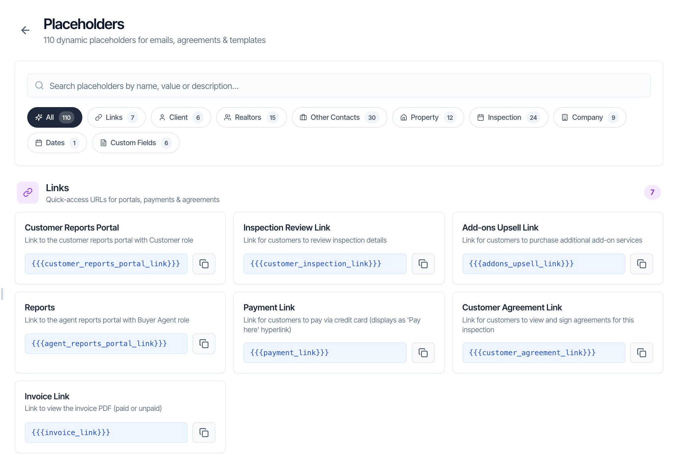 The Placeholders page: 110 dynamic placeholders for emails, agreements and templates. A search box, Search placeholders by name, value or description, and category buttons All 110, Links 7, Client 6, Realtors 15, Other Contacts 30, Property 12, Inspection 24, Company 9, Dates 1 and Custom Fields 6. Below, the Links section, Quick-access URLs for portals, payments and agreements, with seven cards: Customer Reports Portal, Inspection Review Link, Add-ons Upsell Link, Reports, Payment Link, Customer Agreement Link and Invoice Link, each with its placeholder and a copy button