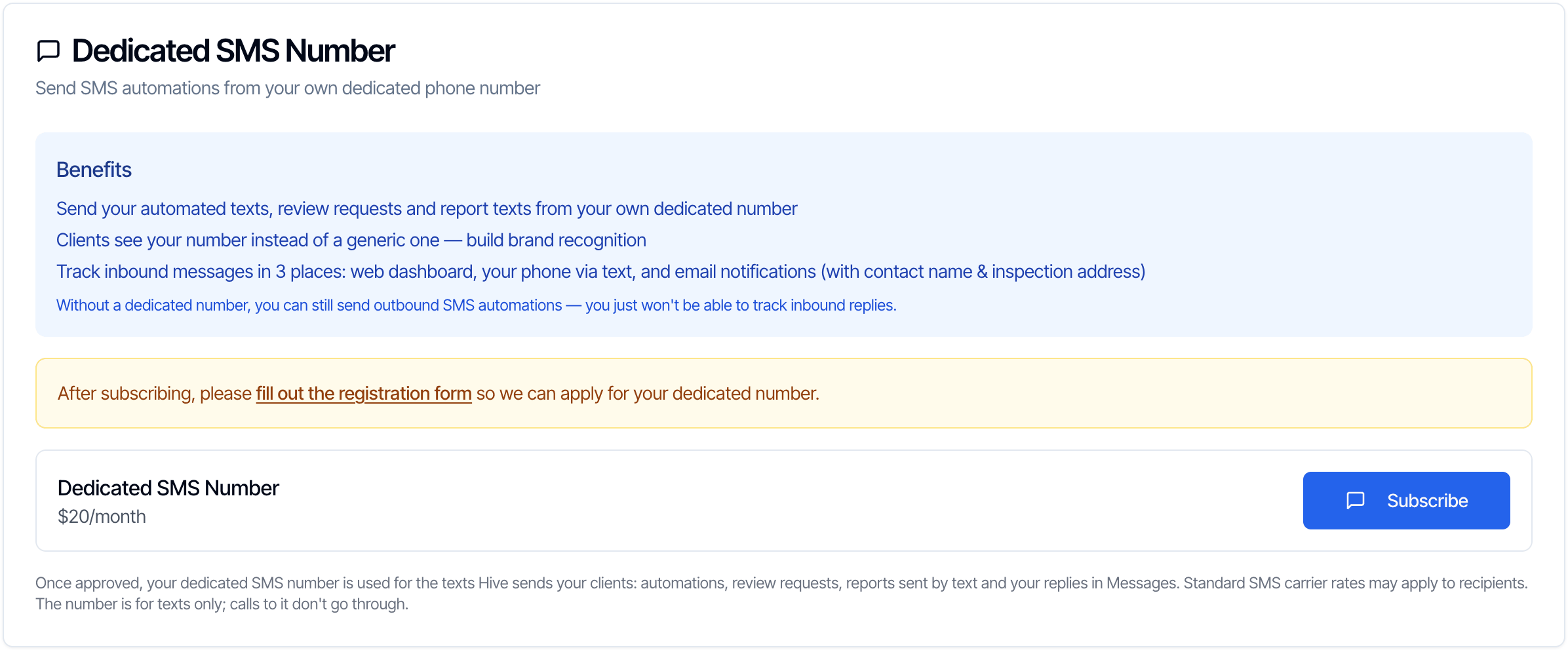 The Dedicated SMS Number card on the Subscriptions page: a Benefits box, a yellow note saying to fill out the registration form after subscribing, a Dedicated SMS Number $20/month row with a blue Subscribe button, and a line saying that once approved the number is used for automations, review requests, reports sent by text and replies in Messages, and that it is for texts only