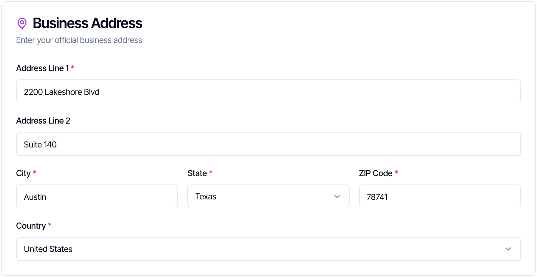 The Business Address card with Address Line 1, an optional Address Line 2, City, a State dropdown, ZIP Code and a Country dropdown set to United States