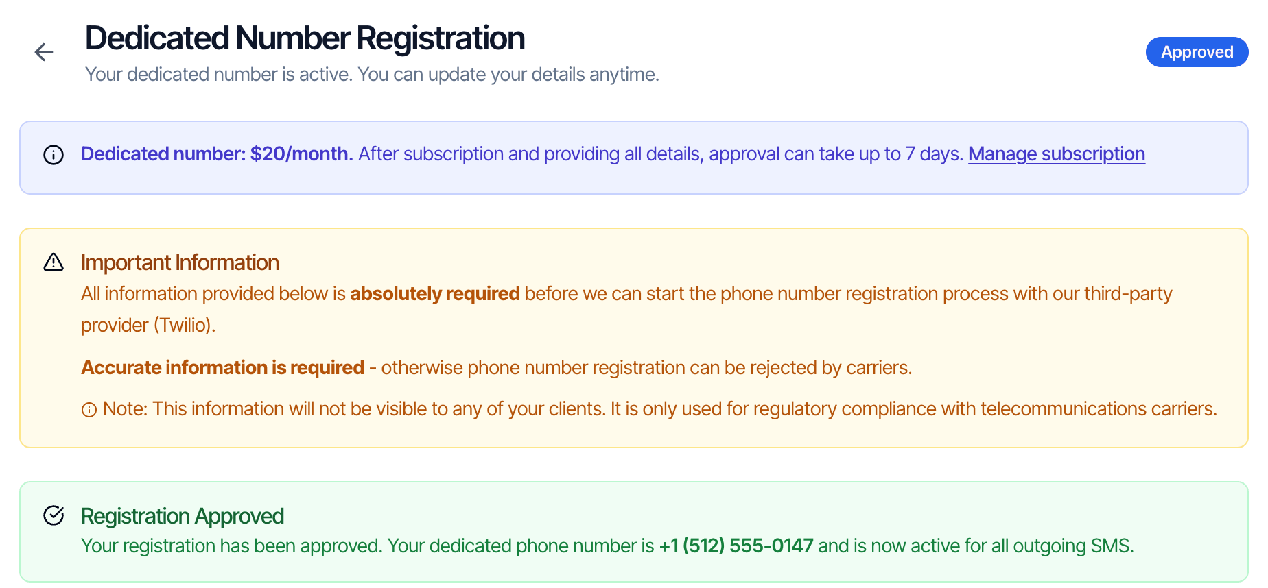 The Dedicated Number Registration page with an Approved badge and a green Registration Approved box: your dedicated phone number is +1 (512) 555-0147 and is now active for all outgoing SMS