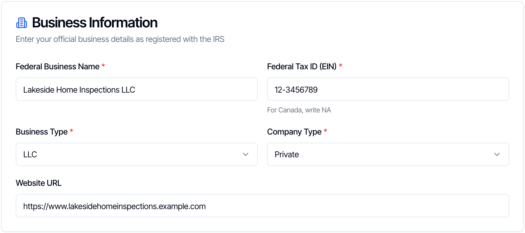 The Business Information card: Federal Business Name Lakeside Home Inspections LLC, Federal Tax ID (EIN) 12-3456789 with the hint For Canada, write NA, Business Type LLC, Company Type Private and Website URL