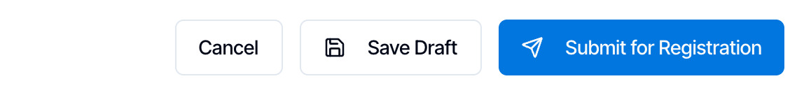 The Cancel, Save Draft and blue Submit for Registration buttons at the bottom of the form