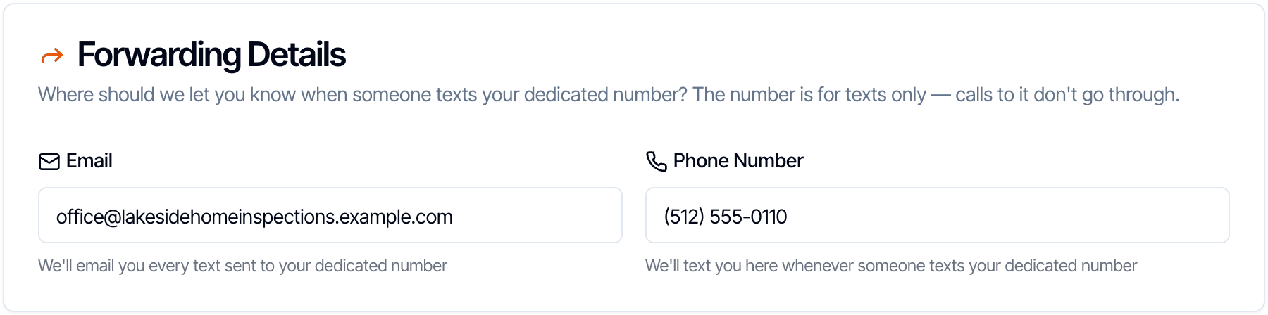 The Forwarding Details card: Where should we let you know when someone texts your dedicated number? The number is for texts only. An Email box with the hint We'll email you every text sent to your dedicated number, and a Phone Number box with the hint We'll text you here whenever someone texts your dedicated number