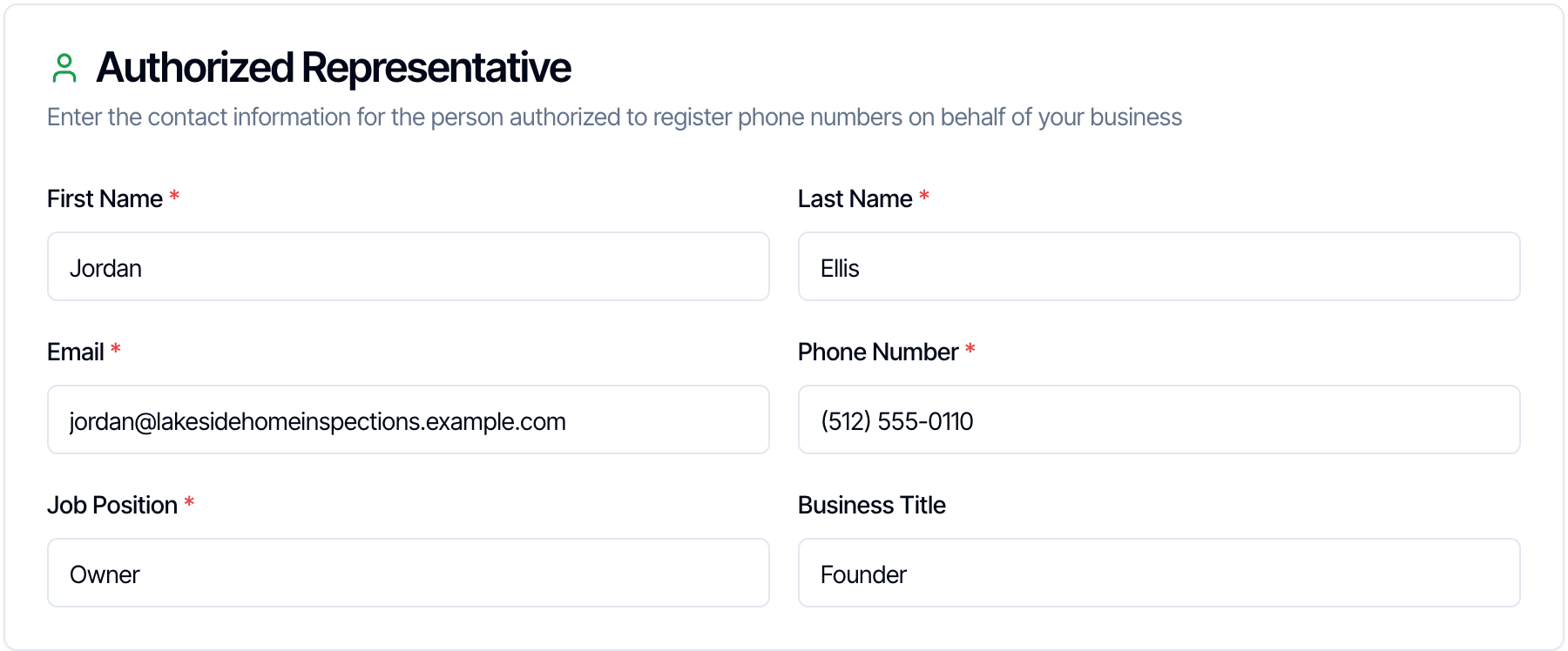 The Authorized Representative card with First Name, Last Name, Email, Phone Number, Job Position and an optional Business Title