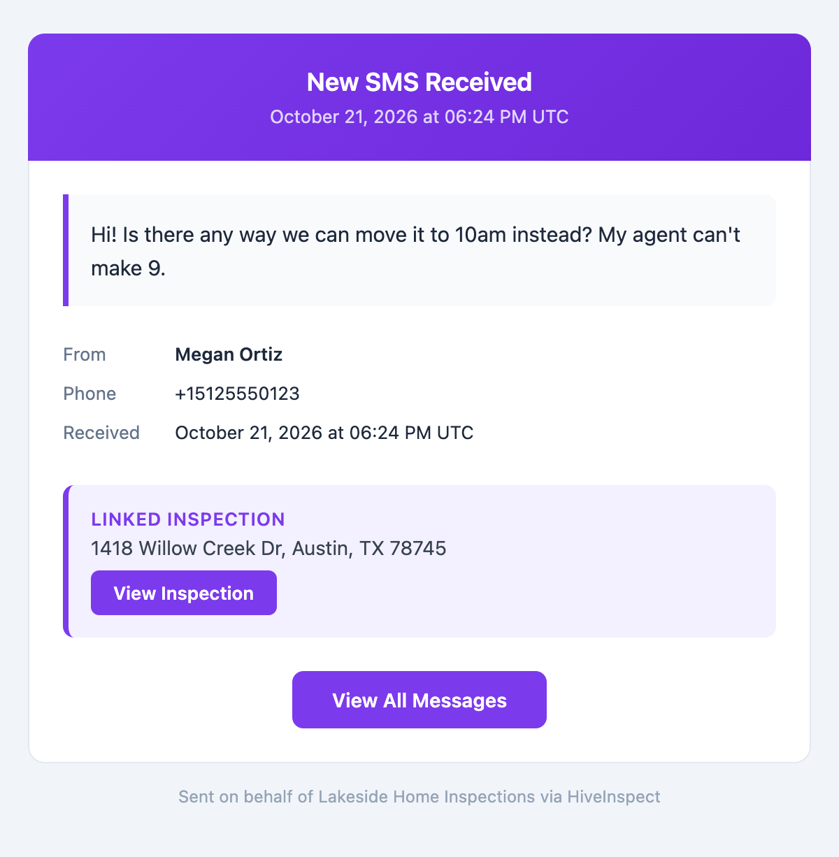 The New SMS Received email: the full message, From Megan Ortiz, Phone, Received time in UTC, a Linked Inspection box with the address and a View Inspection button, and a View All Messages button