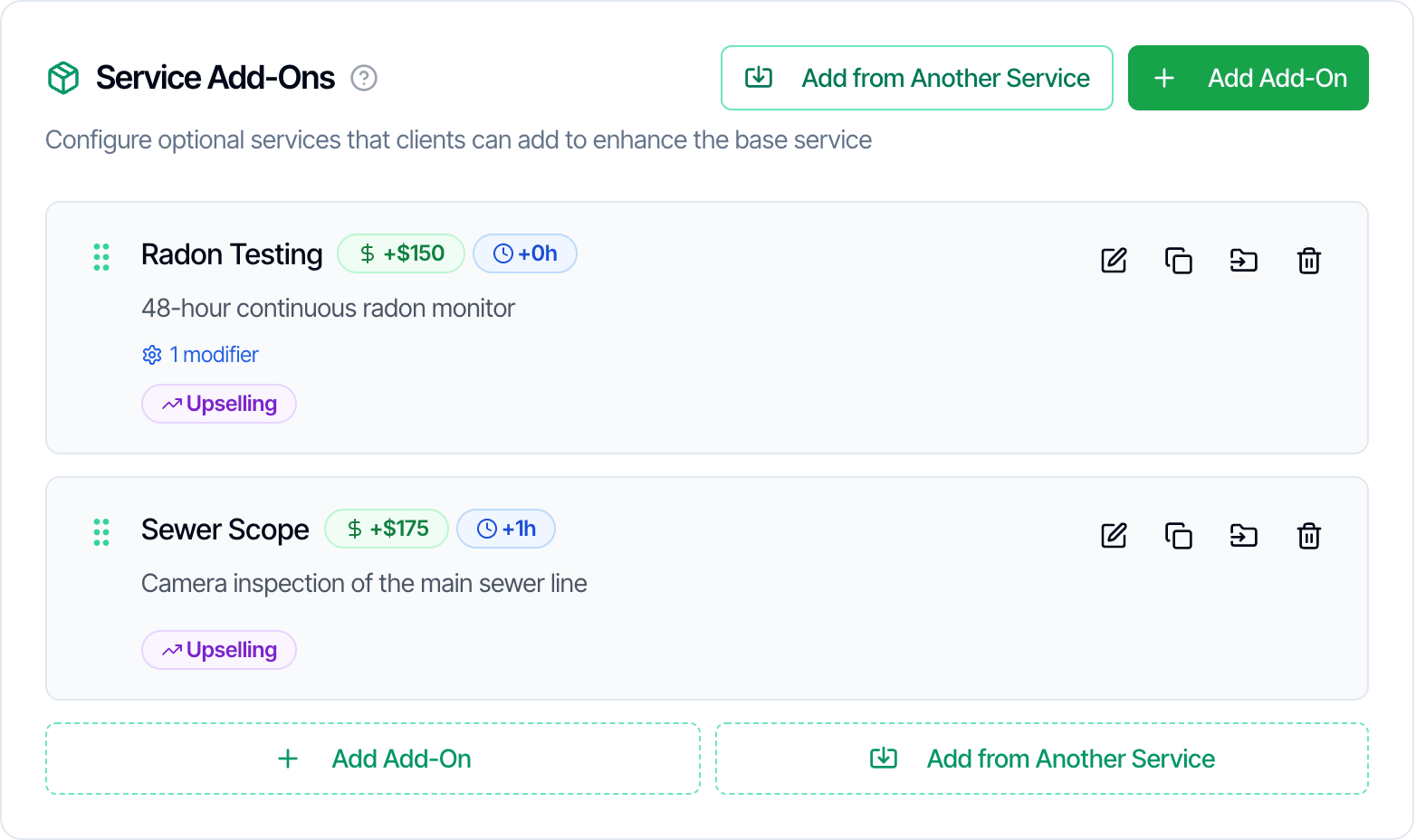 The Service Add-Ons card with the buttons Add from Another Service and Add Add-On. Two add-ons are listed: Radon Testing +$150 +0h, 48-hour continuous radon monitor, 1 modifier, Upselling; and Sewer Scope +$175 +1h, Camera inspection of the main sewer line, Upselling. Each has edit, duplicate, move and delete icons and a drag handle