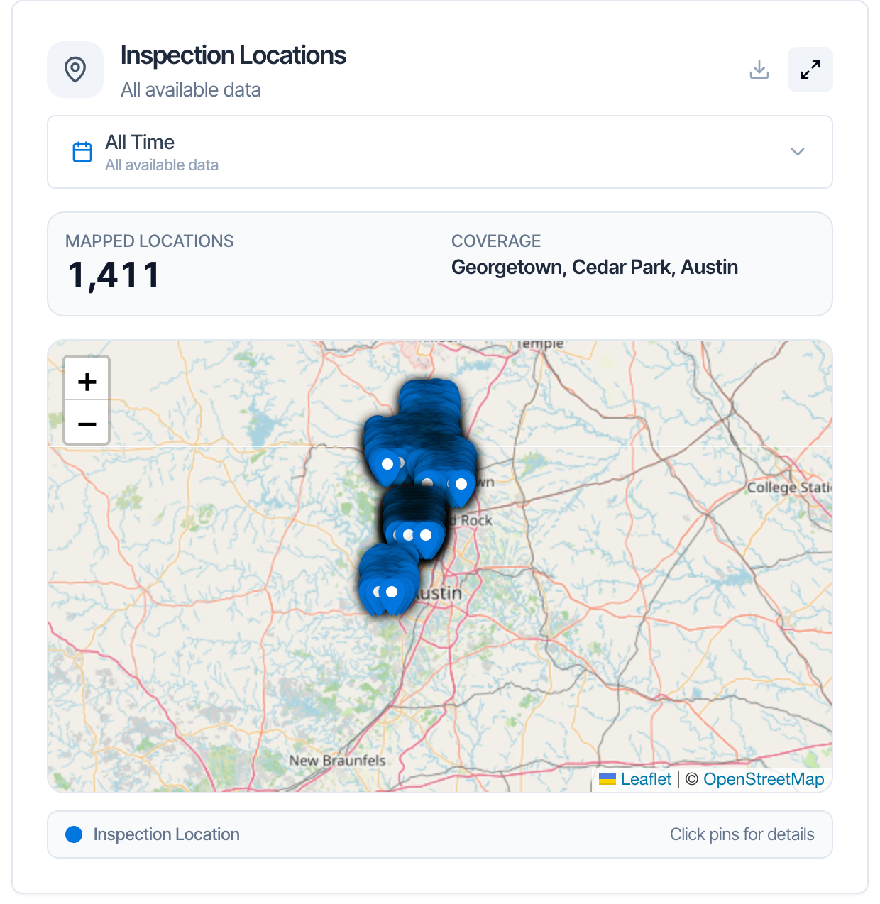 The Inspection Locations card: All Time, Mapped Locations 1,411, Coverage Georgetown, Cedar Park, Austin, a map of central Texas covered in blue pins, and a footer reading Inspection Location, Click pins for details