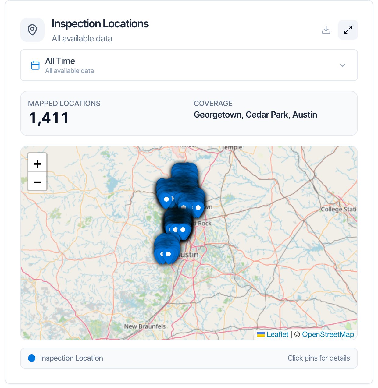 The Inspection Locations card: All Time, Mapped Locations 1,411, Coverage Georgetown, Cedar Park, Austin, a map of central Texas covered in blue pins, and a footer reading Inspection Location, Click pins for details