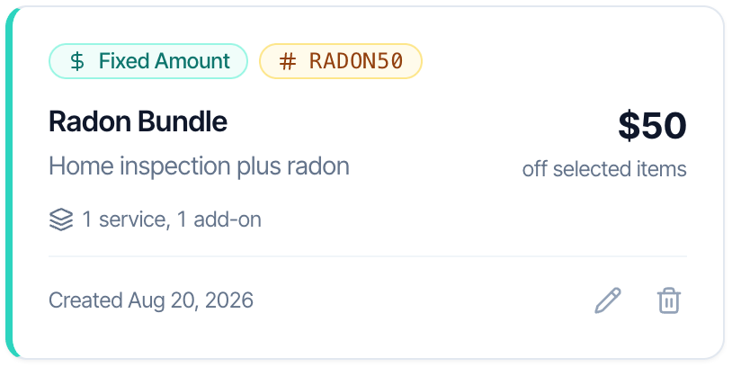 The Radon Bundle card: Fixed Amount, code RADON50, 50 dollars off selected items, Home inspection plus radon, 1 service, 1 add-on, Created Aug 20, 2026, with edit and delete icons