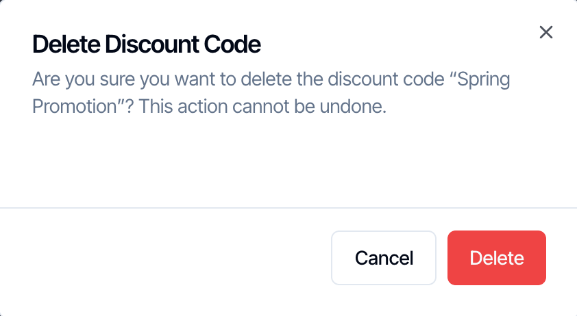 The Delete Discount Code window: Are you sure you want to delete the discount code Spring Promotion? This action cannot be undone. Buttons Cancel and Delete