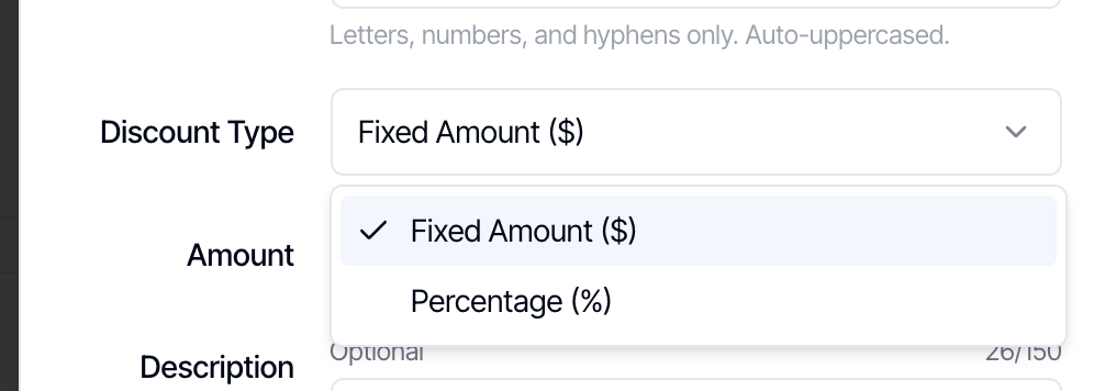 The Discount Type menu open with Fixed Amount (dollars) ticked and Percentage (%) below it