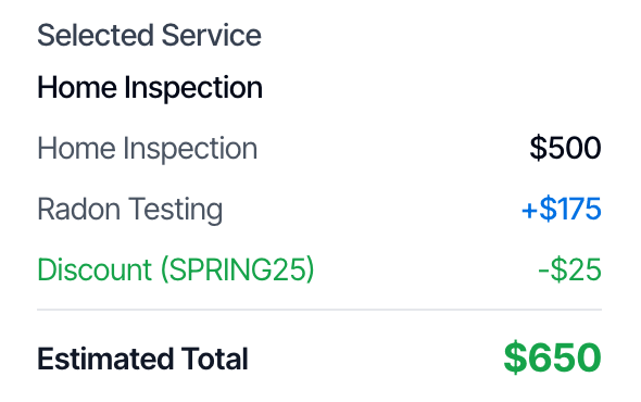 The booking summary: Selected Service Home Inspection, Home Inspection 500 dollars, Radon Testing plus 175 dollars, Discount (SPRING25) minus 25 dollars, Estimated Total 650 dollars