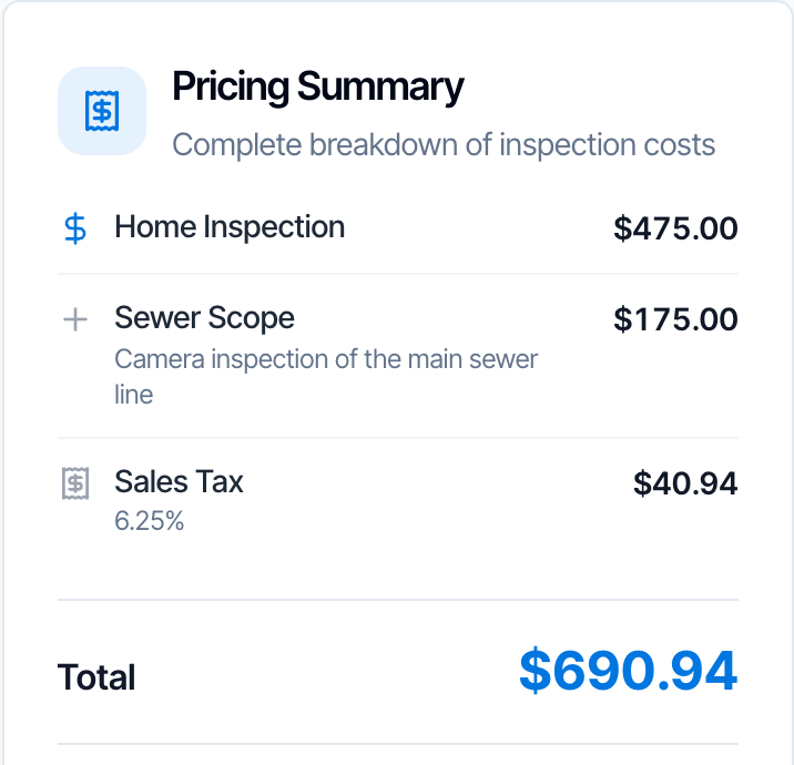 The Pricing Summary on the inspection review link: Home Inspection $475.00, Sewer Scope Camera inspection of the main sewer line $175.00, Sales Tax 6.25% $40.94, and a Total of $690.94