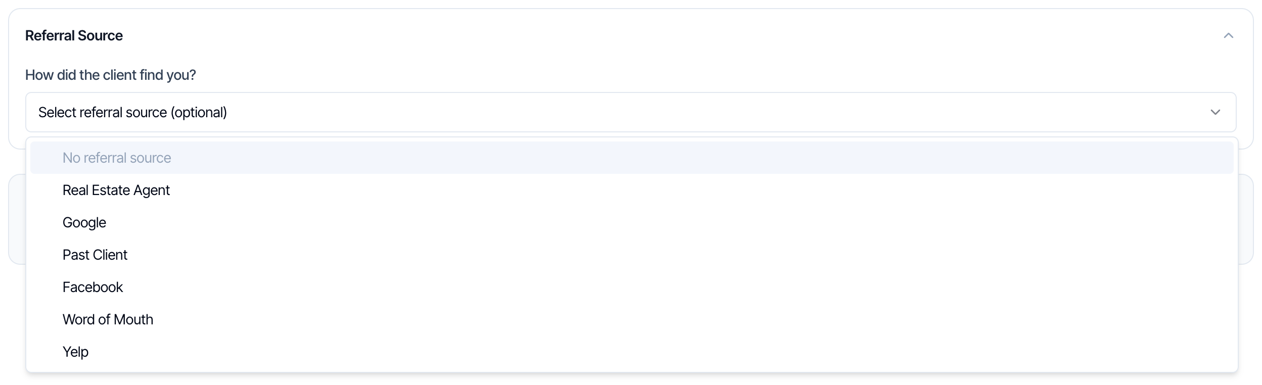 The Referral Source section on the inspection page, How did the client find you?, with the list open: No referral source, Real Estate Agent, Google, Past Client, Facebook, Word of Mouth and Yelp