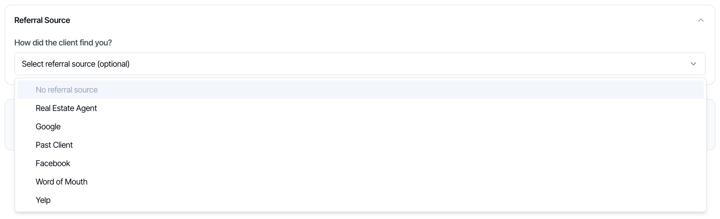 The Referral Source section on the inspection page, How did the client find you?, with the list open: No referral source, Real Estate Agent, Google, Past Client, Facebook, Word of Mouth and Yelp