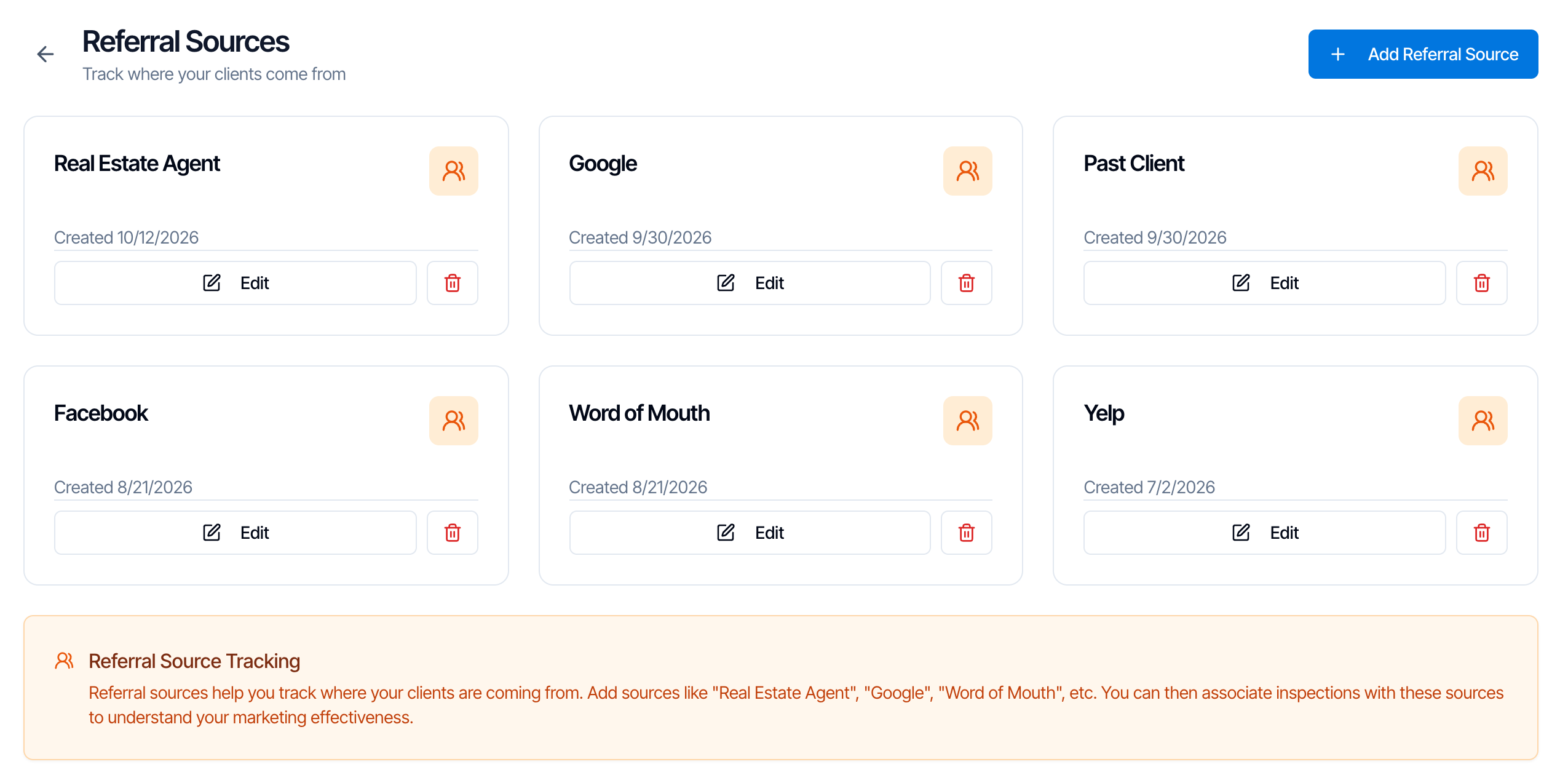 The Referral Sources page, Track where your clients come from, with an Add Referral Source button and six cards: Real Estate Agent, Google, Past Client, Facebook, Word of Mouth and Yelp, each with its created date, an Edit button and a red delete button. A Referral Source Tracking note below explains what sources are for
