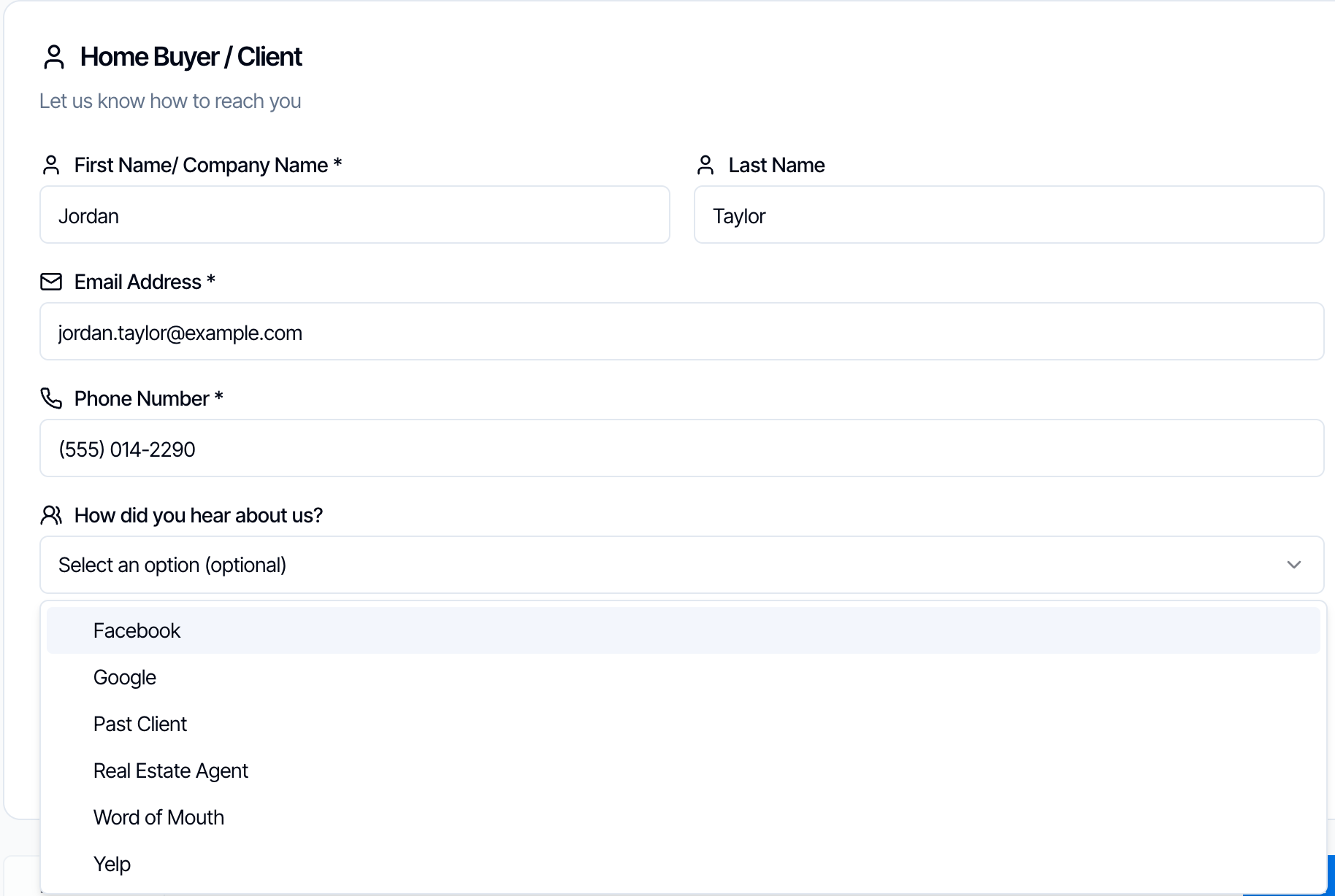 Step 1 of the online scheduler, Home Buyer / Client: First Name Jordan, Last Name Taylor, Email Address, Phone Number, and How did you hear about us? with the list open showing Facebook, Google, Past Client, Real Estate Agent, Word of Mouth and Yelp