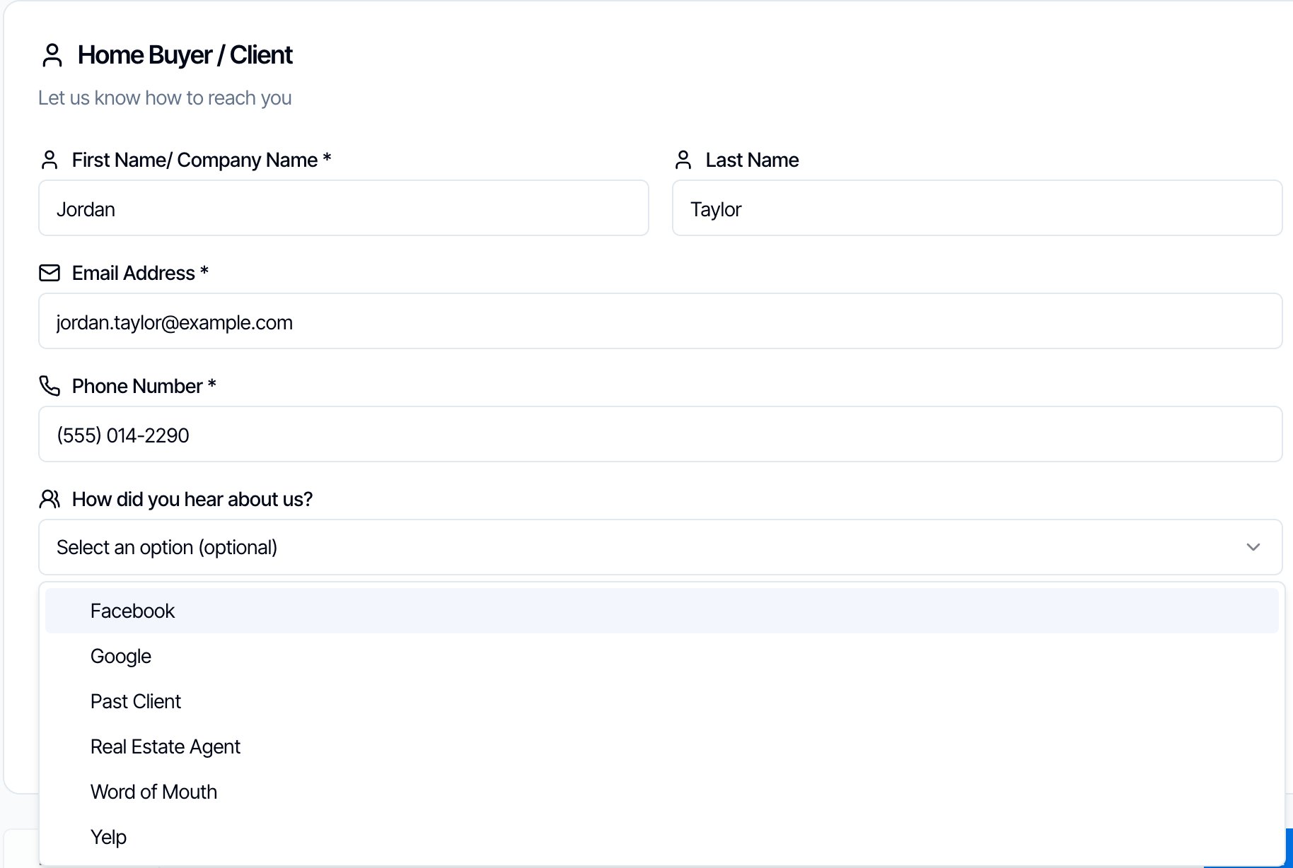 Step 1 of the online scheduler, Home Buyer / Client: First Name Jordan, Last Name Taylor, Email Address, Phone Number, and How did you hear about us? with the list open showing Facebook, Google, Past Client, Real Estate Agent, Word of Mouth and Yelp
