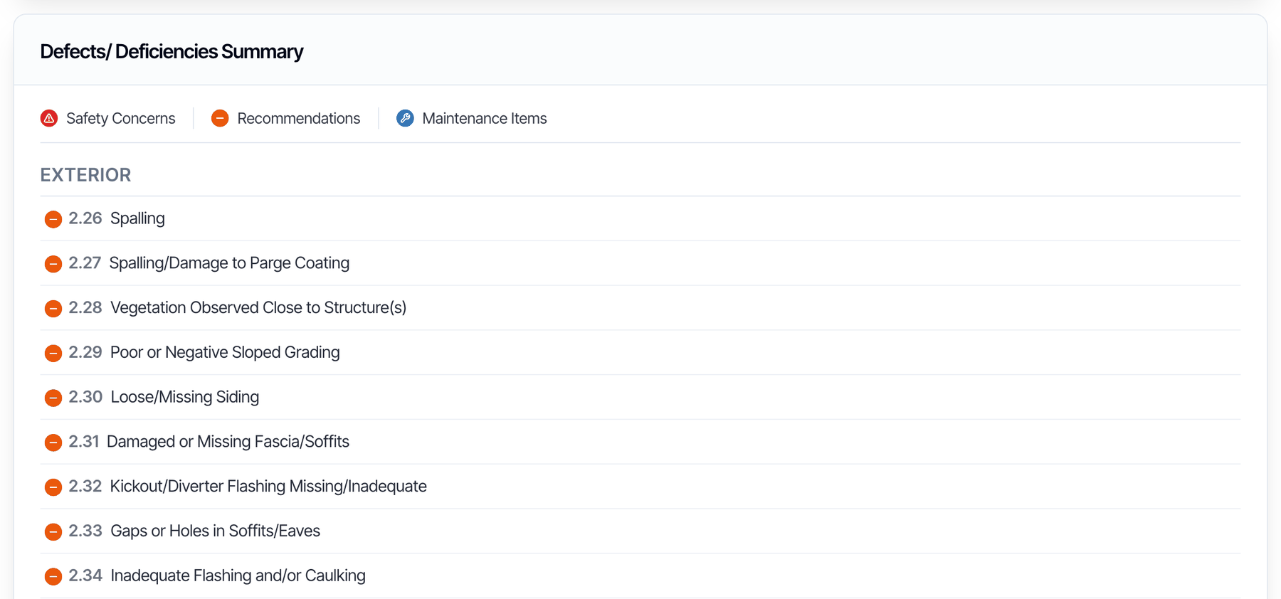 The defects summary with one line per defect: a category icon, the item number and the defect name
