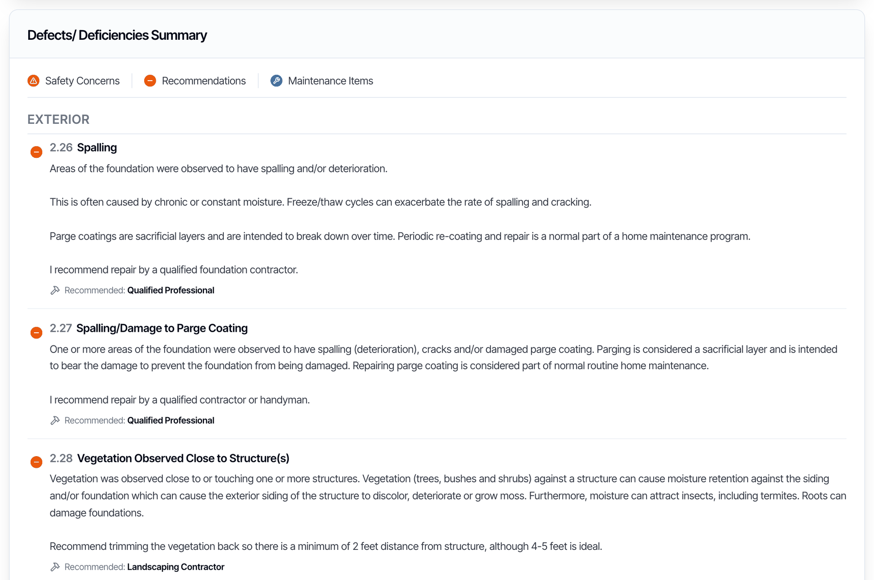 The defects summary with each defect's number and name in bold, its full description, and a Recommended line showing the service, such as Qualified Professional or Landscaping Contractor
