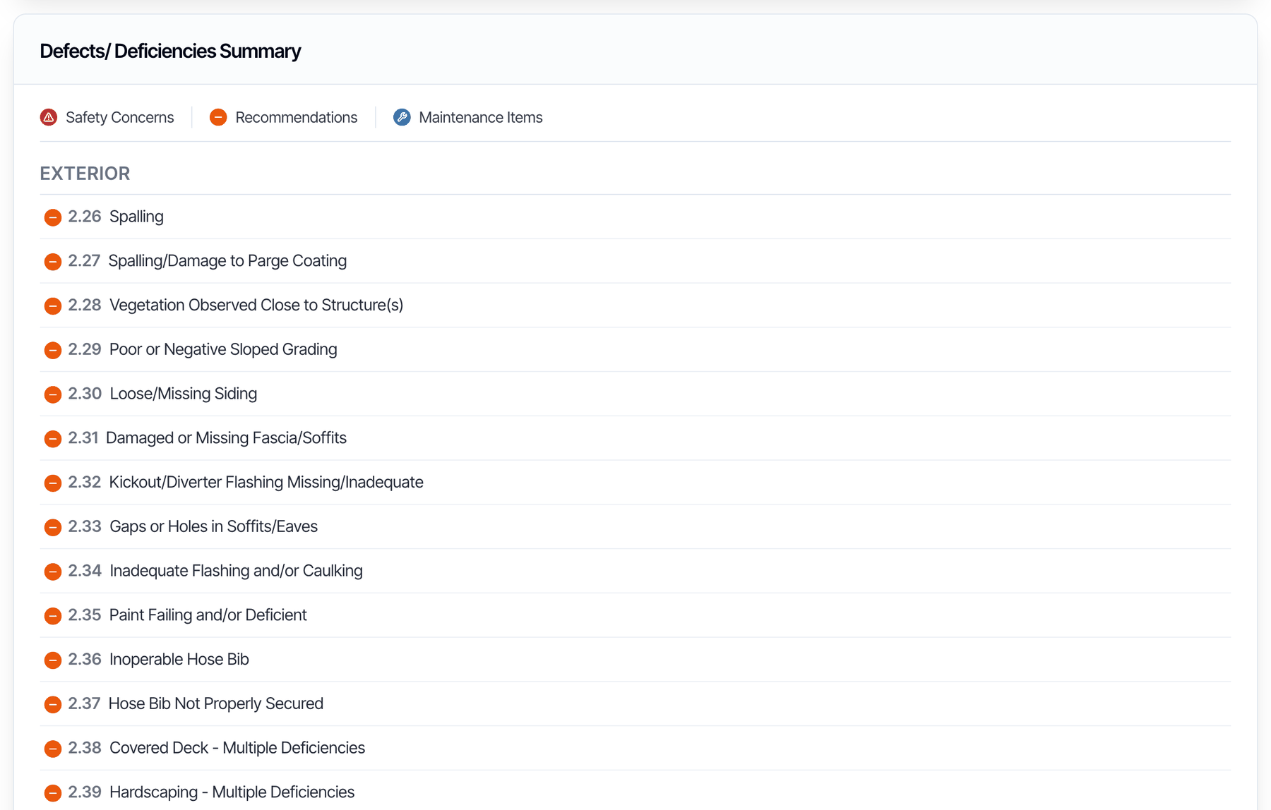 The Defects/ Deficiencies Summary card in a digital report with a legend for Safety Concerns, Recommendations and Maintenance Items, then the defects grouped under Exterior and Interior, each with a colored category icon, its item number and its name