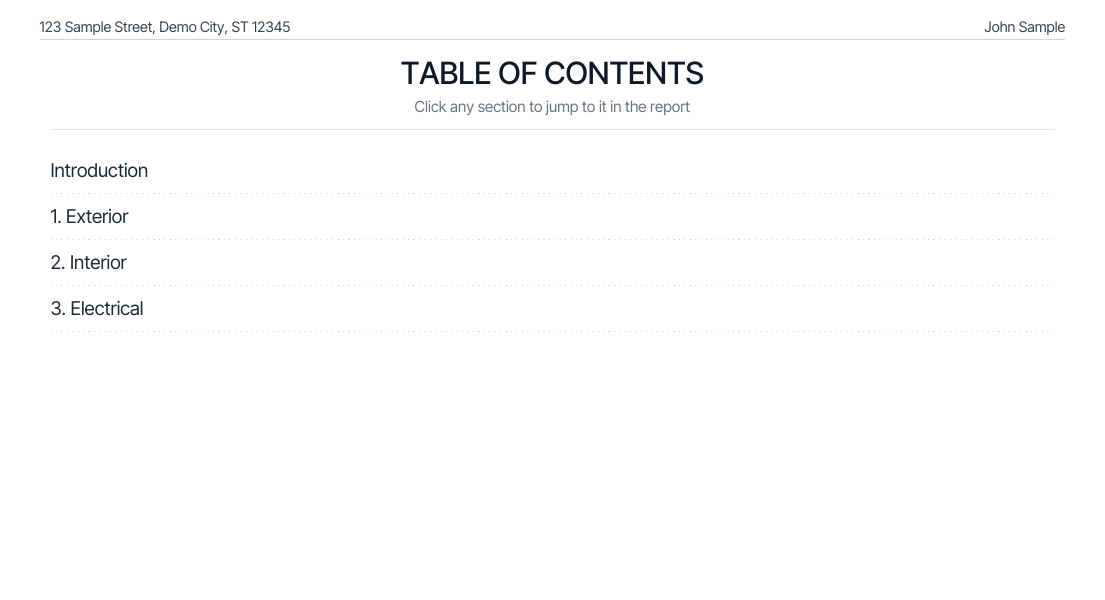 A PDF table of contents page listing Introduction, 1. Exterior, 2. Interior and 3. Electrical, under the line Click any section to jump to it in the report