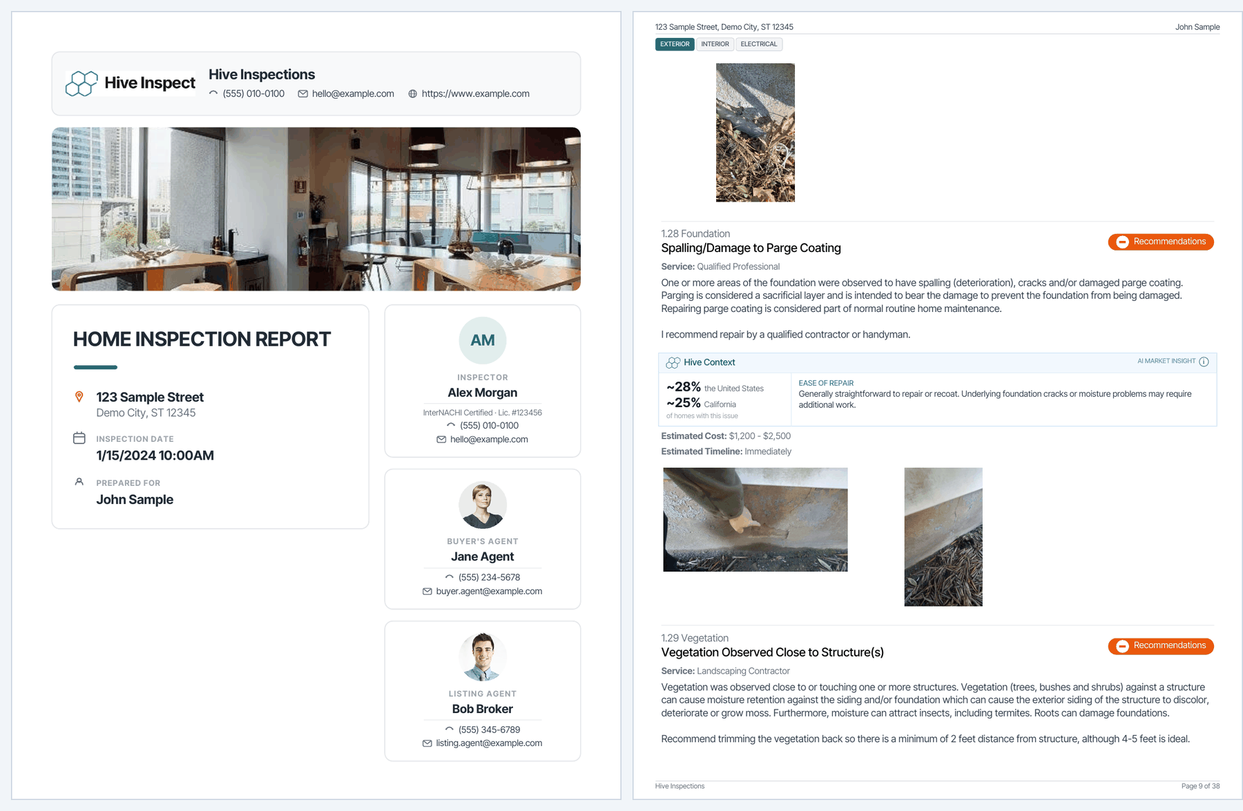 Two PDF pages built with a teal theme color: a Modern cover page with a teal title underline and initials circle, and a report page whose active Exterior section tab is filled teal