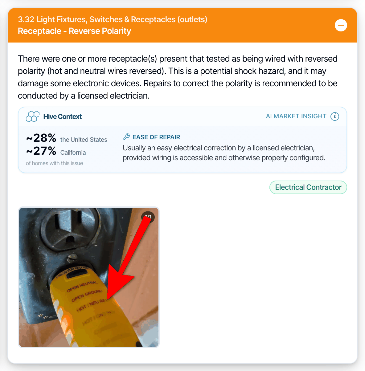 The same defect with an orange header, no category label above its description, and the same Hive Context, recommended service and photo