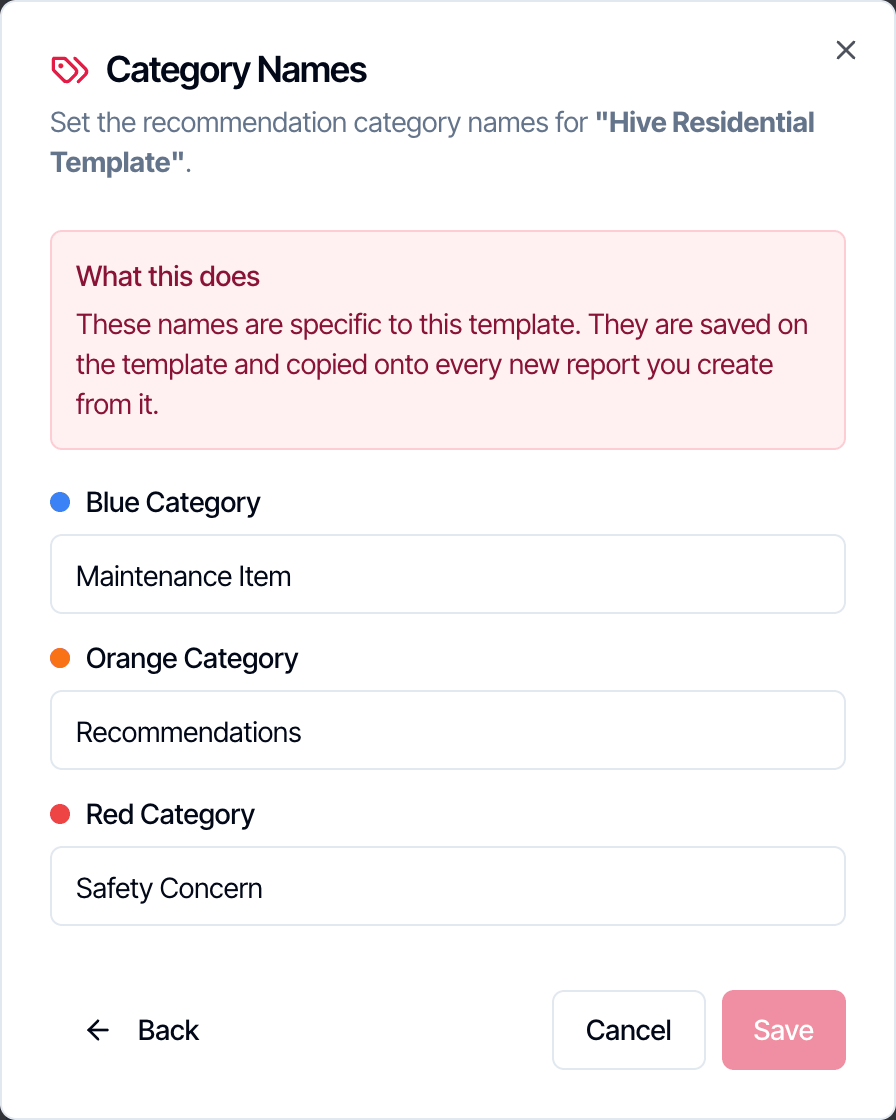 The Category Names settings with three text boxes: Blue Category, Orange Category and Red Category, each with a colored dot