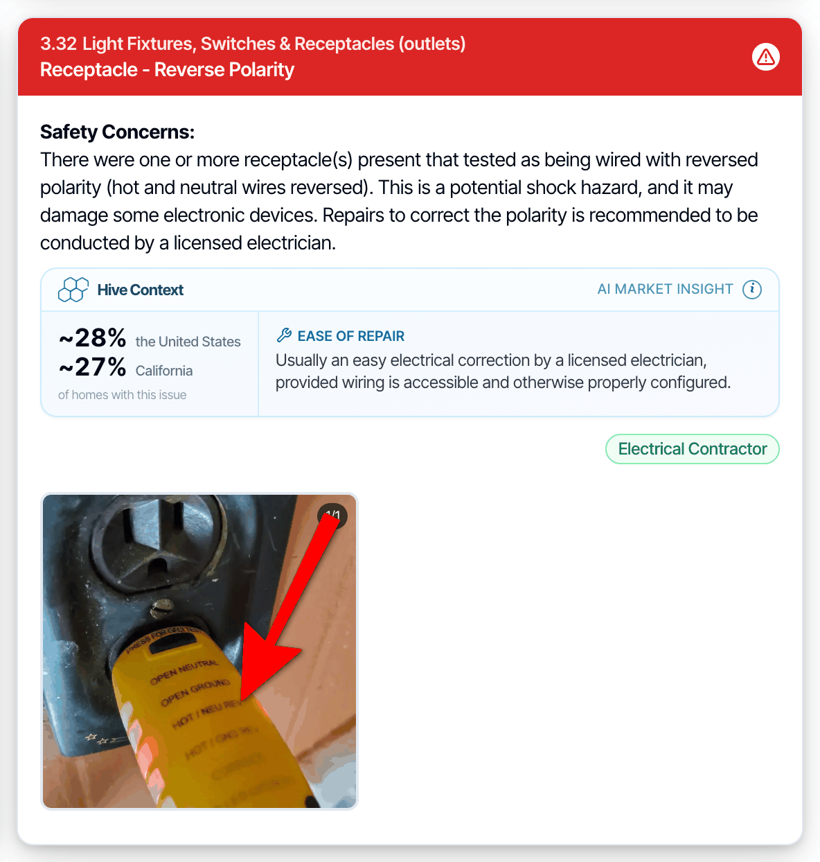 A defect in the digital report with a red header, a Safety Concerns label above its description and a warning icon