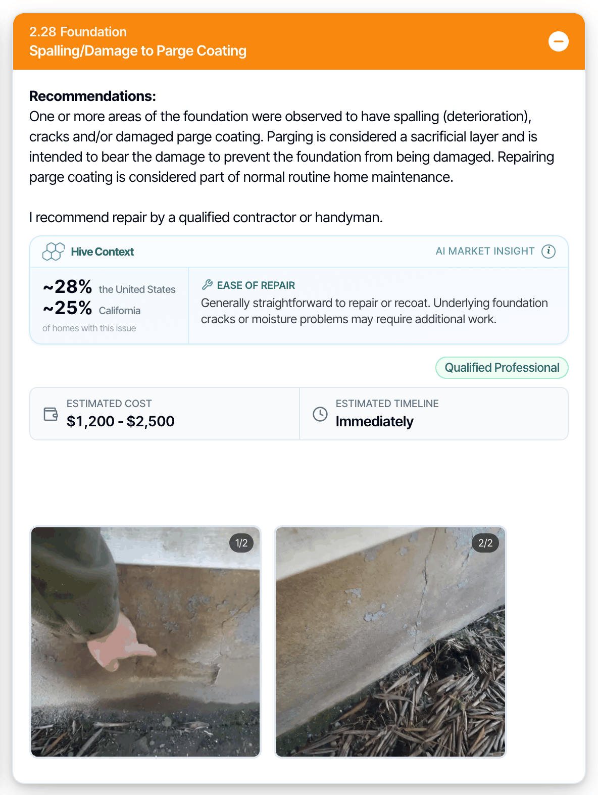 A defect called Spalling/Damage to Parge Coating in the digital report with a Hive Context box showing about 28 percent of homes in the United States and 25 percent in California with this issue, and an Ease of Repair note